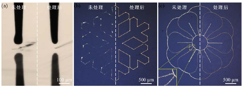 圖1-1 (a)等離子體處理前后PI表面電流體噴印時(shí)噴嘴狀態(tài);(b)處理前后PI表面打印圖案對(duì) 比;(c)處理前后陶瓷表面打印圖案對(duì)比。 