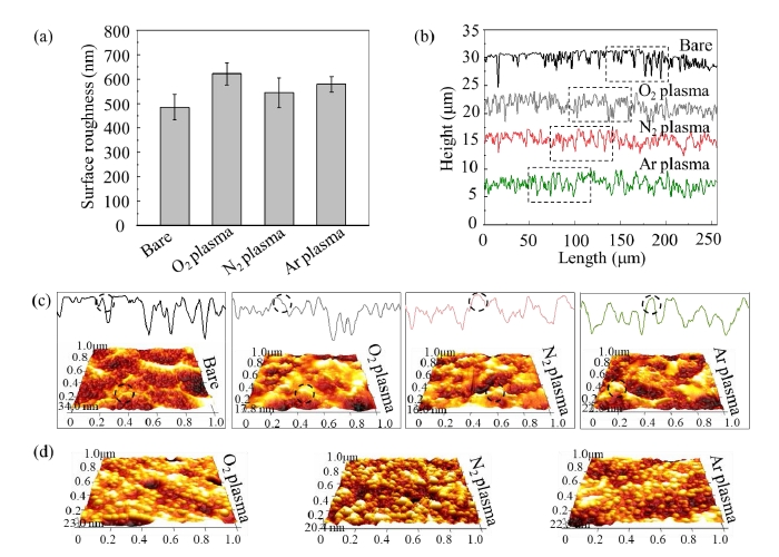 圖3 單一等離子體活化前后鎂合金表面的粗糙度和微觀結(jié)構(gòu) 